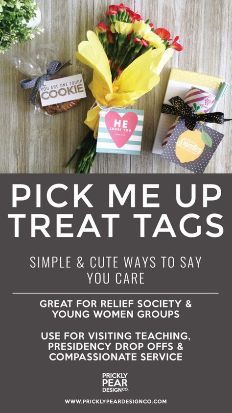 Simple and Cute Ways to Say You Care | Pick Me Up Treat Tags | Relief Society Visiting Teaching and Young Women Helps | Compassionate Service Helps | Free LDS Printables | Prickly Pear Design Co. Ministering Lds, Relief Society Gifts, Relief Society Visiting Teaching, Young Women Leaders, Relief Society Birthday, Visiting Teaching Handouts, Cute Camping, Lds Relief Society, Lds Printables