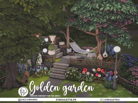 The Sims Resource - Patreon release - Golden Garden (part 3) Garden Sims 4, Jasmine Bush, Garden Lamp Post, Small Fence, Golden Garden, City Layout, Garden Floor, Garden Picnic, Backyard Furniture