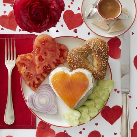 Ideas Archive | Darcy Miller Designs Heart Shaped Food Valentines, Valentines Day Lunch, Tomato Bagel, Lunch Aesthetic, Bagel Breakfast, Bagel Bar, Valentines Brunch, Cucumber Onion, Valentines Breakfast