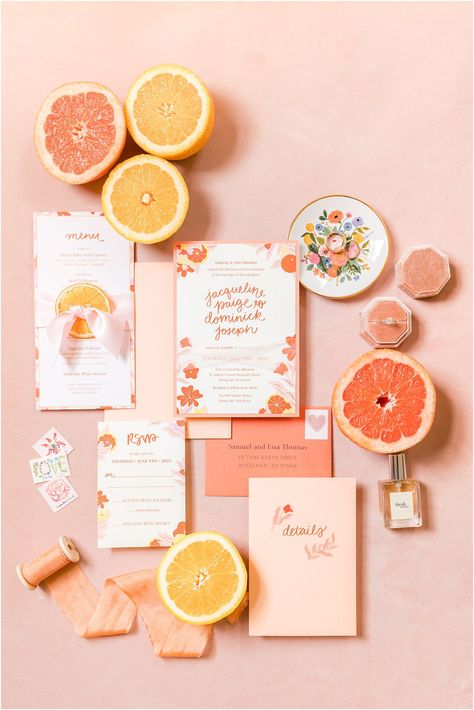 citrus inspired wedding invitation for The Mill Lakeside Manor. | The Mill Lakeside Manor wedding with citrus inspired details photographed by NJ wedding photographer Idalia Photography. Planning a summer wedding? Find inspiration here for a fun, citrus inspired celebration! Pastel Citrus Wedding, Sorbet Wedding Colors, Citrus Wedding Palette, Grapefruit Wedding, Sunset Color Palette Wedding, Citrus Wedding Decor, Citrus Wedding Theme, Citrus Wedding Invitations, Lemonade Wedding