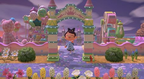 Animal Crossing Carnival Design, Animal Crossing Fence Ideas, Animal Crossing Plaza Carnival, Animal Crossing Princess Island, Animal Crossing Clowncore, Animal Crossing Carnival Path, Acnh Plaza Carnival Ideas, Acnh Colorful Island, Carnival Animal Crossing