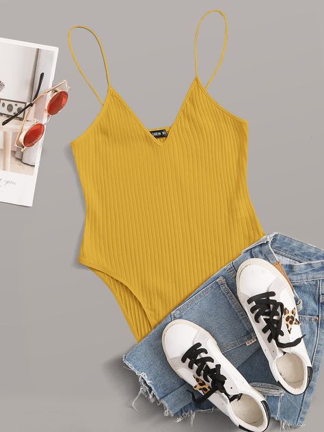 Yellow Bodysuit Outfit, Summer Bodysuits, Yellow Bodysuit, Bodysuit Outfit, Bodycon Bodysuit, Cami Bodysuit, Style Basics, Shein Tops, Edgy Outfits