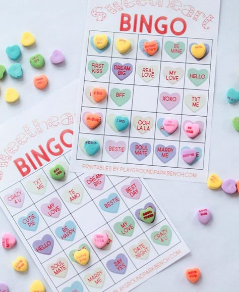 Our Valentine Bingo game printable features 2 different sets of 20 unique game cards. Play the colored hearts version with at your preschool Valentine's Day party, or opt for the conversation heart phrase version for your early readers | Party Games | Valentine's Day | Kids Activities | Candy Hearts | Sweethearts | Room Mom Ideas Valentines Tea, Archery Practice, Games Preschool, Backyard Party Games, Anniversary Party Games, Valentine's Day Party Games, Valentine Party Game, Diy Party Games, Valentine Bingo