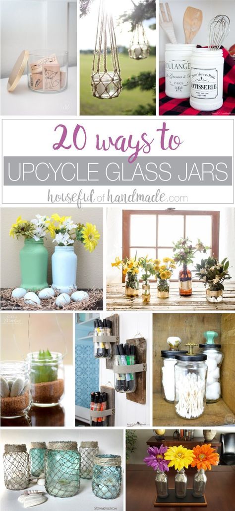 Don't throw away those old jars & bottles, reuse them instead! Here are 20 ways to Upcycle Glass Jars & Bottles as home decor and storage. Housefulofhandmade.com | Upcycle Jars | Reuse Jars | DIY Home Decor | Upcycled Home Decor | Ways to Recycle Glass Repurposed Glass Jars, Reusing Glass Jars, Upcycle Glass Jars, Upcycle Jars, Glass Jars Diy, Reuse Jars, Old Jars, Recycle Projects, Bottle Decorations