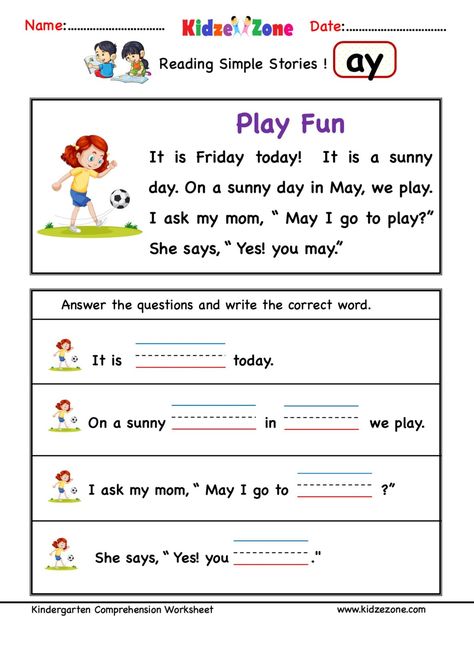 Comprehension Stories with ay word Family Ay Word Family, Word Family Reading Comprehension, Family Reading Comprehension, Kindergarten Comprehension Worksheets, Kindergarten Comprehension, Cvc Reading, Word Family Reading, Phonics Reading Passages, Reading Comprehension For Kids