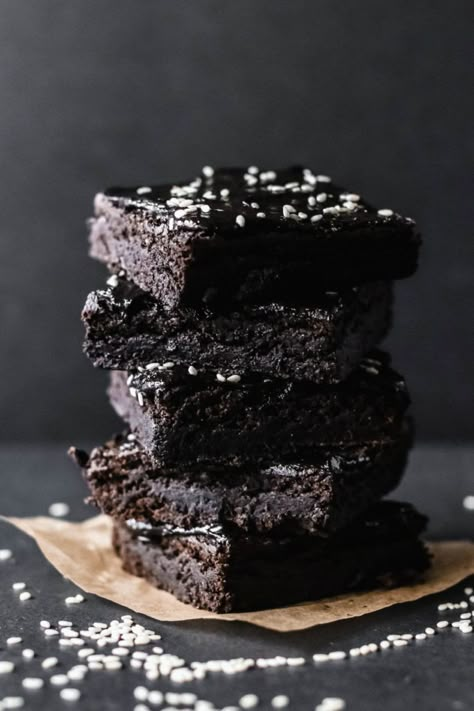 Black Sesame Butter Brownies - Flora & Vino Mochi Desserts, Goth Food, Sesame Recipes, Black Dessert, Vegan Brownies, Vegan Halloween, Butter Brownies, Gf Baking, Delish Desserts