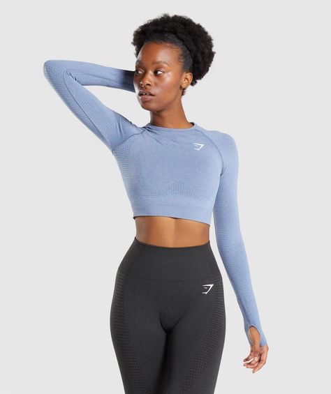 Gymshark Vital Seamless 2.0 Long Sleeve Crop Top - Blue Marl | Gymshark Gymshark Vital Seamless, Bra Measurements, Shell Pink, Workout Crop Top, Cropped Tops, Long Sleeve Crop, Thumb Holes, Gym Wear, Sleeve Detail