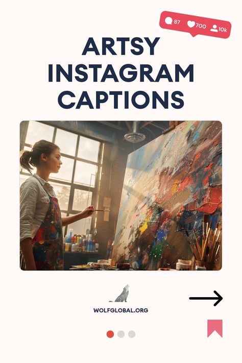 A woman painting on a large canvas in a sunlit studio, with artsy Instagram captions overlay.
A checklist of artistic affirmations with emojis and a CTA button saying "Get 100+ more".
Woman with laptop and doodles promoting Instagram engagement services on wolfglobal.org. Instagram Captions For Drawings, Caption For Art Work, Artsy Captions, Sunday Captions, Ig Captions, Caption For Yourself, Instagram Captions, Level Up, Instagram Feed