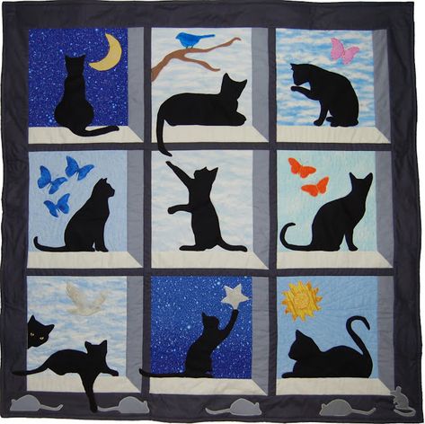 Attic Window Quilts, Cat Quilt Block, Cat Quilt Patterns, Blanket Christmas Gift, Appliqué Quilts, Cat Applique, Quilt Modernen, Blanket Christmas, Cozy Quilts