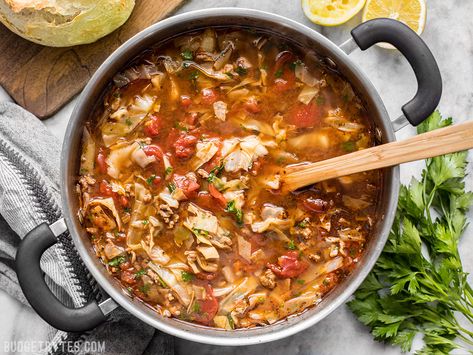 Light, but filling, this Beef and Cabbage Soup will fill you up without weighing you down, and will keep you warm from the inside out. BudgetBytes.com Beef And Cabbage Soup, Budget Friendly Dinner Recipes, Homemade Potato Soup, Soup Tomato, Hearty Soup Recipes, Beef And Cabbage, Budget Bytes, Budget Recipes, Easy One Pot Meals