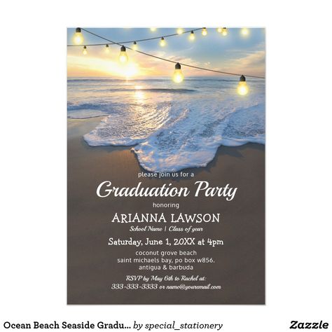 Ocean Beach Seaside Graduation Party Invitation Beach themed graduation party invitations featuring a coastal shoreline, a beautiful sunset, string lights, and a modern graduate party template. String Lights Wedding, 2023 Graduation, Graduation Party Invitation, Graduation Theme, 2024 Graduation, Graduation Party Invitations, Memorial Service, Graduation Announcements, Graduation Invitations