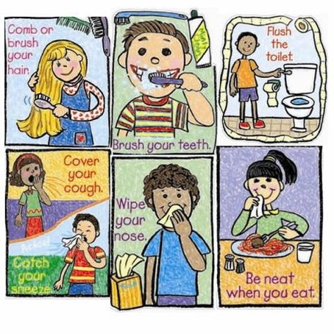 This image I have chosen because it will teach children “how to take care of yourself” Brush your teeth twice a day, flush the toilet after using it, comb or brush your hair daily, cover your mouth while coughing or sneezing and wipe your nose with a handkerchief or tissue paper. It teaches them hygiene and cleanliness. It tells them to be neat when they eat. Teaching good hygiene will lead to safe and healthy environment. Occupations Preschool Theme Crafts, Occupations Preschool Theme, English Portfolio, Class Board Decoration, Personal Cleanliness, Hygiene Lessons, Mental Health Activity, Studying Business, Character Education Lessons