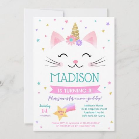 $3.08 | Caticorn Kitty Cat Kitten Birthday Invitations | Birthday Invitations | party, birthday, kitty, cat, pet, cats, kitten, rainbow, caticorn, unicorn Unicorn Cat Birthday Party, Birthday Kitty, Cat Birthday Invitations, Birthday Invitations Zazzle, Rainbow Birthday Invitations, Kitten Birthday, Unicorn Birthday Invitations, Unicorn Invitations, Invitations Birthday