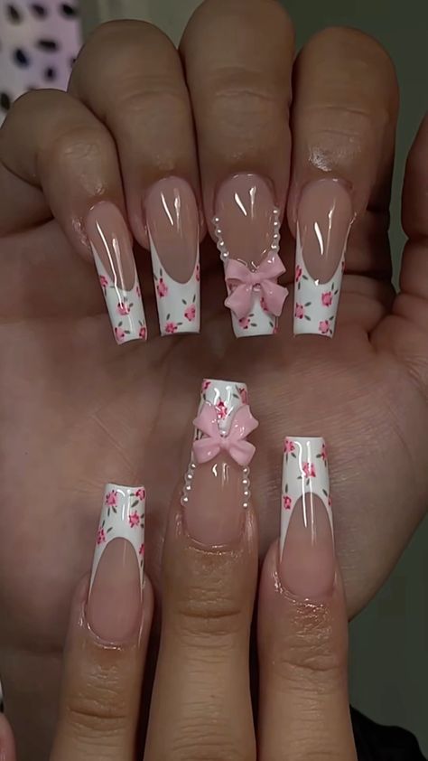 Pink Nails No Charms, Cute Mom Nails, Pink Nails Girly, Pink Rose Nail Designs, Nail Pic Ideas, Nails With No Charms, Pink Base White French Tip, Cocette Aesthetic Nails, Clear Nails Design