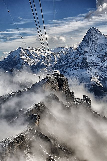 Switzerland - The Schilthorn. I rode the cable car to the top of the Schilthorn for lunch at the revolving restaurant. Unforgettable. Revolving Restaurant, Voyage Europe, Switzerland Travel, Cable Car, Ski Lift, Alam Yang Indah, Beautiful Mountains, Places Around The World, Beautiful World