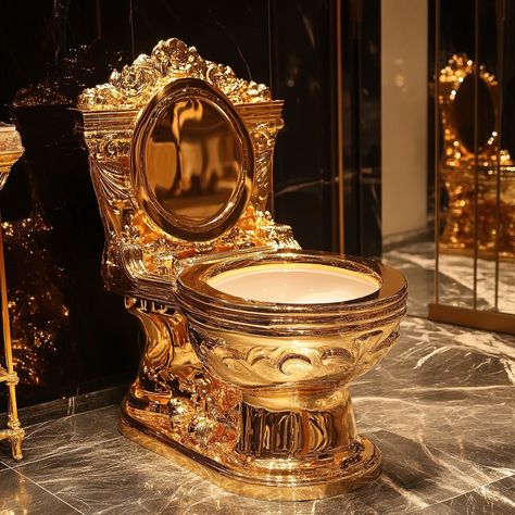 Transform your bathroom into a palace with the Luxury Throne Gold Toilet. This exquisite piece is designed to be the ultimate statement of opulence, featuring a regal gold finish that radiates wealth and sophistication. Every detail of this toilet, from its majestic contours to its gleaming surfaces, is crafted to evoke the grandeur of a royal throne. Conceptual AI Art Follow @ecosapiens for more! Gold Toilet, Royal Throne, Episode Interactive Backgrounds, Restroom Design, Bathroom Decor Luxury, Bathroom Furnishings, Timeless Treasures, Dream Room, Luxury Living