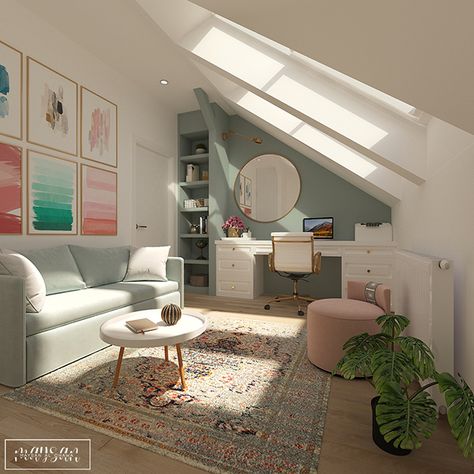 Attic Home Office, Loft Office Ideas, Attic Living Room, Small Attic Room, Attic Room Ideas, Home Office Interior Design, Home Office Layouts, Home Office Interior, Attic Office