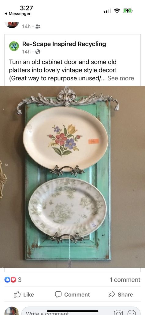 Cabinet Doors Repurposed, Tricia Guild, China Crafts, Doors Repurposed, Plate Wall Decor, Deco Originale, Plate Decor, Diy Farmhouse Decor, Repurposed Furniture Diy