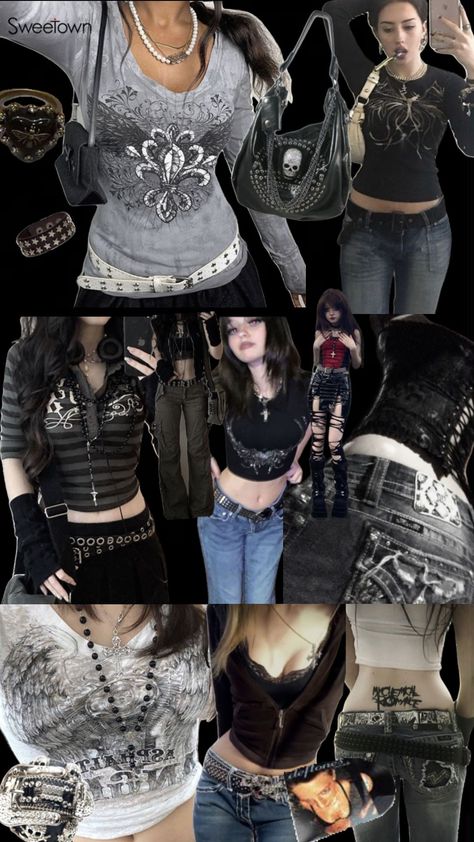 #outfitinspo #cyber #emo #grunge #egirl #mcbling #harleydavidson #missme #affliction #momentomori #y2k Affliction Clothing Women, Grunge Egirl, Affliction Clothing, Egirl Style, Mcbling Fashion, Emo Grunge, 2000s Fashion Outfits, Swaggy Outfits, Comfy Fashion