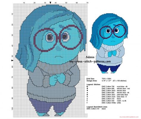 Sadness Disney Inside Out free cross stitch pattern Inside Out Cross Stitch, Free Cross Stitch Pattern, Free Cross Stitch Patterns, Patterns Simple, Stitch Character, Disney Cross Stitch Patterns, Disney Inside Out, Stitch Cartoon, Disney Cross Stitch