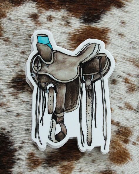 Western vinyl decal of a hand-drawn ranch saddle. I did the original artwork with watercolor and ink, and the pop of color on the horn wrap makes it a fun design for all the turquoise loving cowboys and cowboy gals out there. This decal can be used on drinkware, laptops, your car or truck, or anywhere that strikes your fancy. Thick, durable vinyl protects your stickers from scratches, water & sunlight so they are sure to last. Keep it for yourself or use as a gift for the punchy folks in your li Country Sticker Ideas, Punchy Stickers, Cute Western Stickers, Cute Western Car Decals, Ranch Saddle, Car Stickers Country, Western Stickers Vinyls, Western Stickers, Western Prints