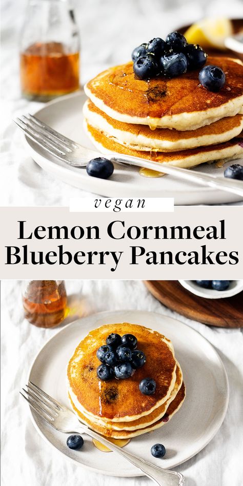 These vegan lemon cornmeal blueberry pancakes are the lightest and fluffiest pancakes around! Cornmeal gives them subtle sweetness and a wonderful texture. The pancakes can be made gluten-free or with regular wheat flour. A perfect vegan breakfast or brunch. #vegan #glutenfree #pancakes Blueberry Cornmeal Pancakes, Fluffiest Pancakes, Raspberry Pancakes, Cornmeal Pancakes, Brunch Vegan, Budget Vegan, Light And Fluffy Pancakes, Traditional Breakfast, Light Bites