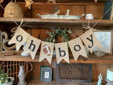 Football Baby Shower Theme, Fall Hostess Gifts, Baby Boy Banner, Sports Baby Shower Theme, Football Baby Shower, Sports Baby Shower, Burlap Flag, Its A Boy Banner, Sports Baby