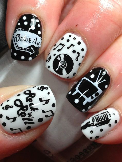 Just Give Me Some Of Those Rock N Roll Nails............ !! Rock And Roll Nails, Music Nail Art, Rockabilly Nails, Decades Day, Music Nails, Luv Nails, Rock Nails, Vintage Nails, White Nail