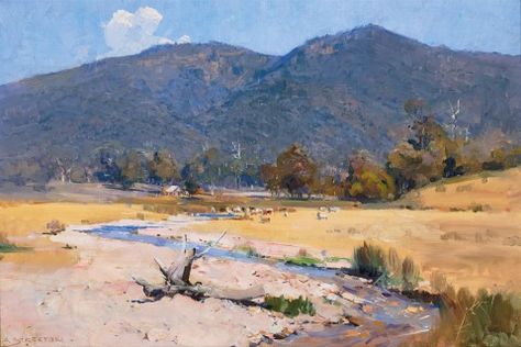 OUT OF THE PURPLE MOUNTAINS IT GETS ITS WATERS, 1928 | Deutscher and Hackett Purple Mountains, Australia Landscape, Landscape Oil Paintings, Australian Painting, Australian Painters, Australian Landscape, Mountains Landscape, Figurative Painting, National Art