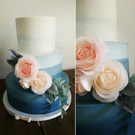 Ombre navy blue wedding cake with blush and peach wafer paper roses. Yellow Cake Co Navy Blue Wedding Cake, Ice Blue Weddings, Pastel Blue Wedding, Navy Blue Wedding Cakes, Watercolor Wedding Cake, Cream Wedding Cakes, Wedding Cake Navy, Blue Wedding Cake, Metallic Wedding Cakes