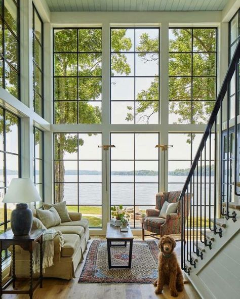 Lake House With Floor-To-Ceiling Windows On The Shores Of Chickamauga Lake, Tennessee House With Beautiful Gardens, House With Many Rooms, Lake House Inspo Exterior, Floor To Ceiling Windows Beach House, House Made Of Windows, Windows Floor To Ceiling, Beautiful Rooms Decor, East Coast House Interior, Floor To Ceiling Living Room Windows