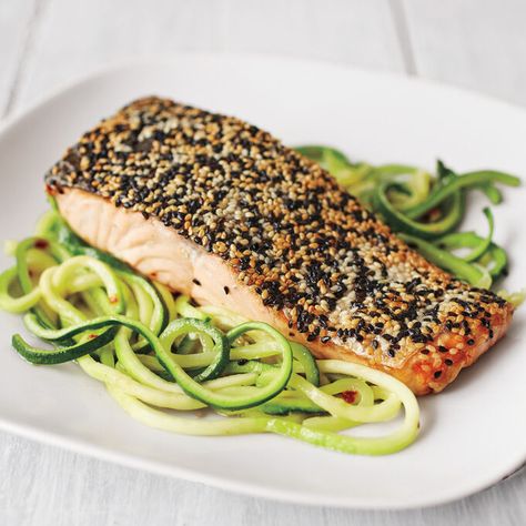 Sesame Crusted Salmon with Zucchini Recipe | Sur La Table Sesame Crusted Salmon, Salmon With Zucchini, Pistachio Crusted Salmon, Health Lunches, Main Food, Candida Cleanse, Healthy Salmon Recipes, Eating Healthier, Crusted Salmon