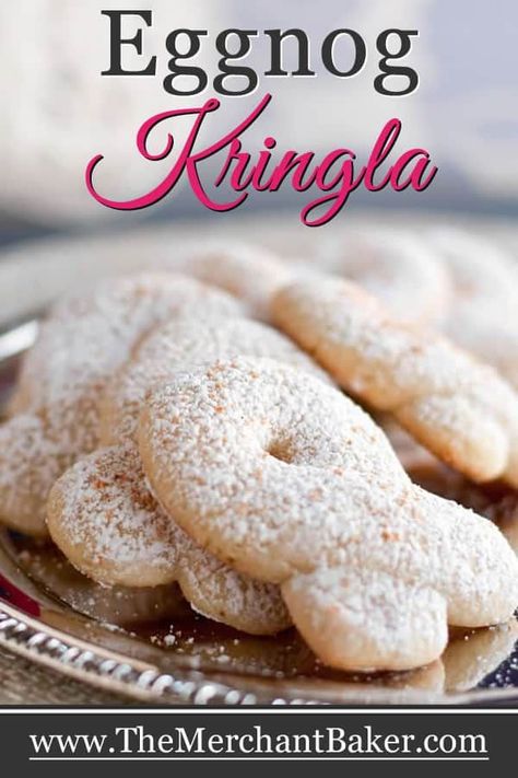 Eggnog Kringla. A light, cakey Scandinavian cookie with a delicate eggnog flavor, topped with dusting of confectioner's sugar and freshly grated nutmeg. #recipe #cookies #eggnog #kringla #christmas #sweets Kringla Cookies, Kringla Recipe, Scandinavian Baking, Eggnog Cookies, Holiday Baking Christmas, Recipe Cookies, Brown Sugar Cookies, Norwegian Food, Eggnog Recipe