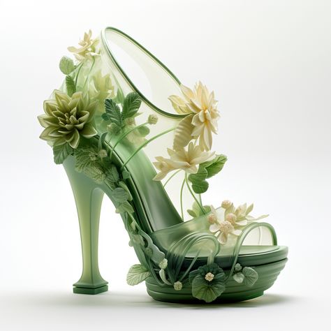 Enchanted Forest Shoes, Fairy Core Shoes, Green Heels Aesthetic, Nature Heels, Apperal Fashion, Forest Shoes, Plant Shoes, Downtown Mtv, Strange Shoes