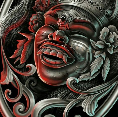 Tattoo Leak Bali, Balinese Mask Tattoo, Seni Tato Bali, Tattoo Balinese, Balinese Tattoo Design, Wayang Bali, Barong Tattoo, Bali Mask, Balinese Tattoo