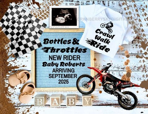 Gender Reveal Ideas With Dirt Bike, Biker Baby Shower Ideas, Dirtbike Gender Reveals, Motorcycle Baby Announcement, Dirtbike Baby Shower Theme, Dirt Bike Baby Shower Ideas, Racing Baby Announcement, Motorcycle Gender Reveal, Unique Gender Reveal Party Ideas