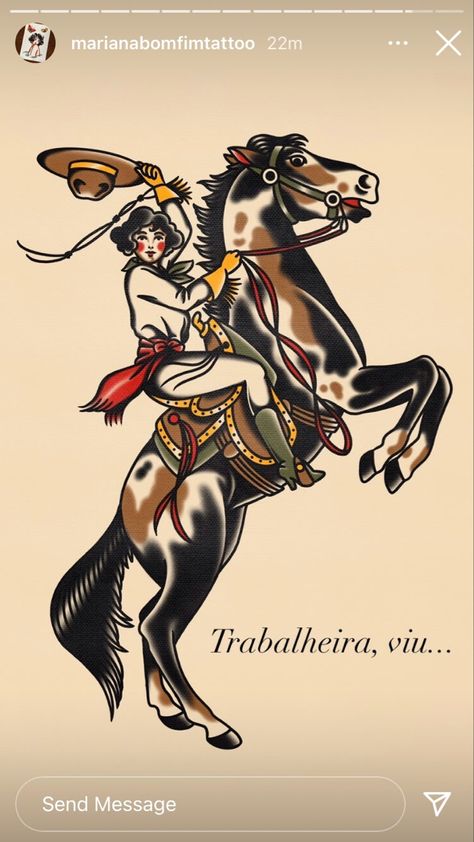 Traditional Bull Rider Tattoo, Traditional Cowgirl Horse Tattoo, Traditional Cowgirl And Horse Tattoo, Grim Reaper On Horse Tattoo Traditional, Traditional Cowboy On Horse Tattoo, Neo Traditional Western Tattoo, Neotraditional Cowgirl Tattoo, American Trad Cowboy Tattoo, Western Themed American Traditional Tattoos