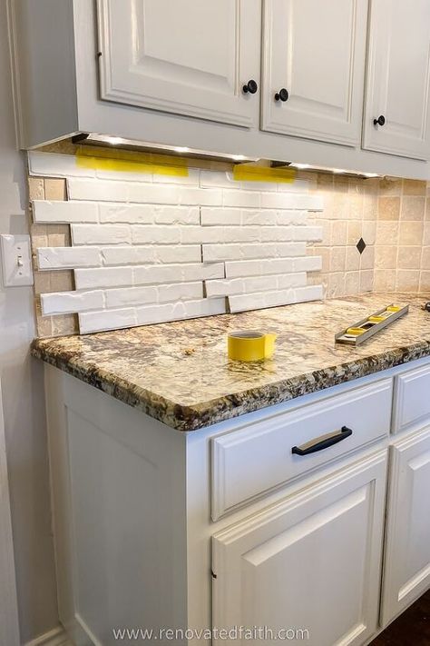 Cheap Kitchen Backsplash Ideas Diy, Tile Sheets Backsplash, Peel And Stick Faux Brick, Faux Brick Backsplash Kitchen Diy, Easy Diy Backsplash, Whitewashed Brick Backsplash Kitchen, Back Splash Diy, Easy Diy Backsplash Kitchen, Faux Kitchen Backsplash