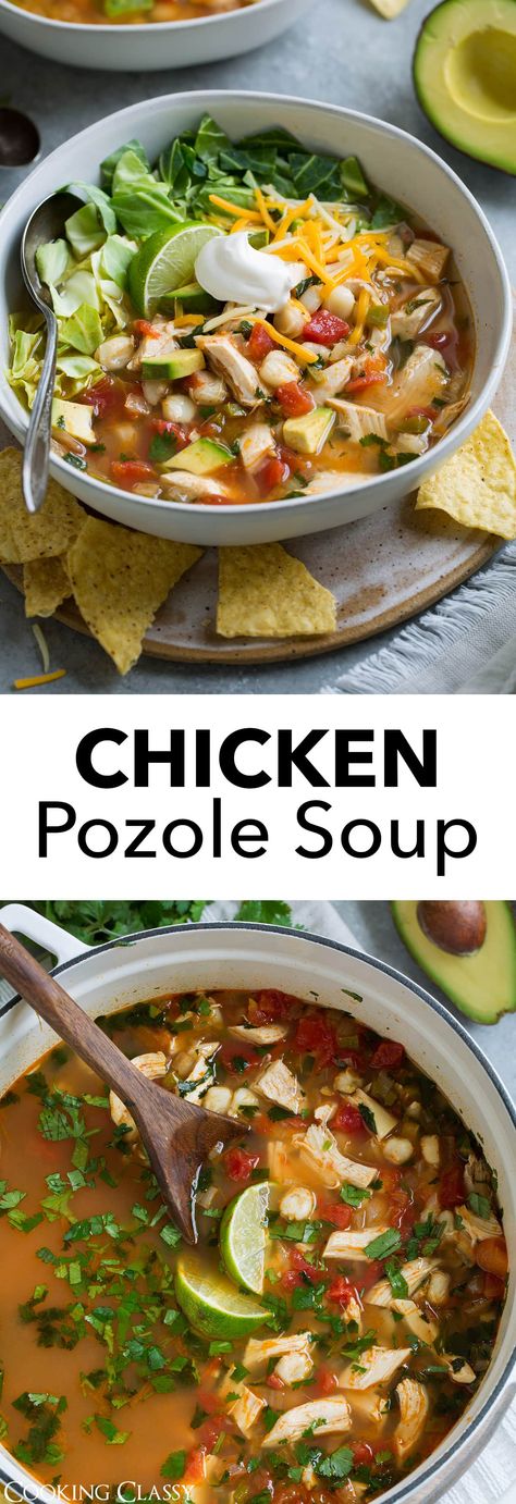 Chicken Pozole Soup - This soup is hearty, healthy, loaded with fresh goodness and full of exciting flavors. It's very similar to chicken tortilla soup but with added cabbage and hominy. If you like Mexican food you will love this soup! #pozole #posole #soup #mexicanrecipe #dinner #chicken Pozole Soup, Posole Soup, Chicken Pozole, Full Chicken, Pozole Recipe, Mexican Soup, Dinner Chicken, Soup And Stew, Chicken Tortilla Soup