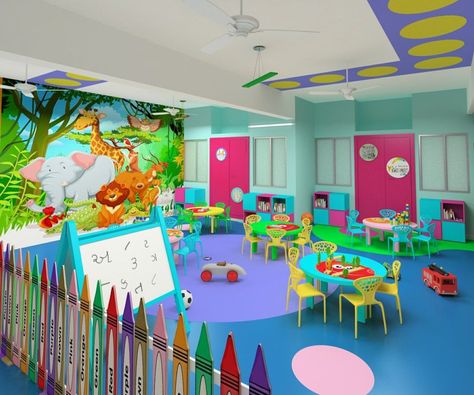 Nursery Class Decoration, Child Care Center Design, Daycare Room Design, Infant Room Daycare, Daycare Setup, Kids Church Rooms, Daycare Rooms, Kindergarten Interior, Classroom Interior