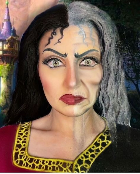 Halloween Makeup Looks Characters, Disney Halloween Makeup Looks, Makeup Character Ideas, Disney Makeup Halloween, Cool Halloween Makeup Pretty, Mother Gothel Makeup, Gothel Makeup, Movie Makeup Looks, Character Makeup Looks