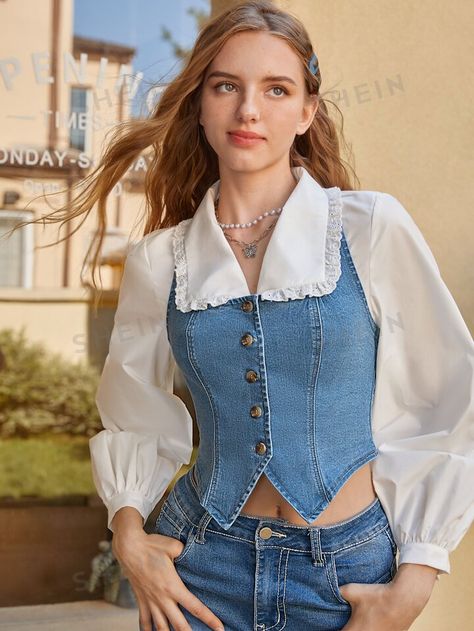 Denim Top Outfit Aesthetic, Denim Top And Jeans Outfit, Jeans And Top Outfit Casual, Recycling Old Jeans, Demin Tops Outfit, Denim Halter Top Outfit, Denim Tank Top Outfit, Denim Top Outfit Ideas, Denim Bustier Outfit