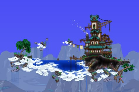 Pylon Shrine Terraria, Terraria Sky Island Base, Terraria Tavern Build, Terraria Calamity Builds, Terraria Statue Build, Terraria Cave House Ideas, Terraria Fishing Hut, Terraria Cloud House, Terraria Fishing Pond