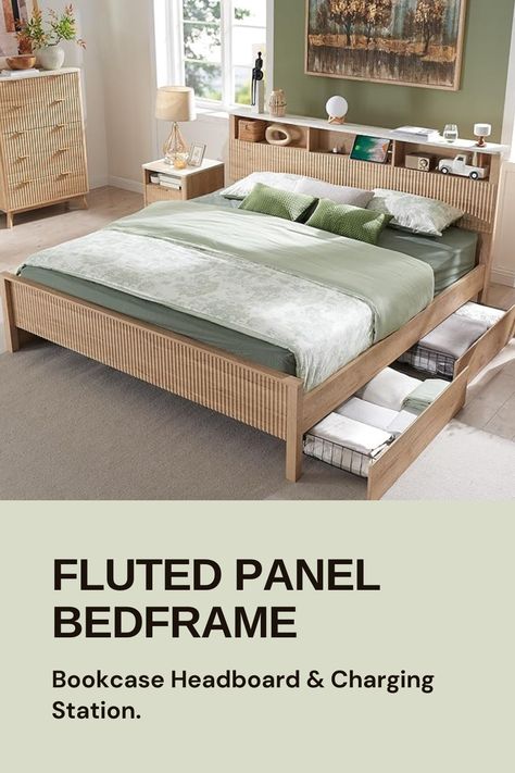 A fluted panel bed frame that has a bookcase headboard and four sliding drawers under the bed. Mid-century modern style bed. Book Lovers Bedroom, Fluted Headboard, Panel Bed Frame, Fluted Panel, Sliding Drawers, Bookcase Headboard, King Bed Frame, Wood Platform Bed, Storage Design