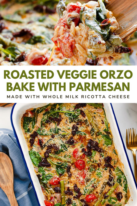 Our Creamy Roasted Veggie Orzo Bake combines vibrant, fresh ingredients with the comforting warmth of a baked dish. This recipe showcases the sweetness of cherry tomatoes, the savory notes of sun-dried tomatoes, and the creamy richness of ricotta and Parmesan cheeses. The addition of spinach and asparagus not only boosts the flavor but also adds a wonderful crunch and splash of color. Roasted Veggie Orzo, Fall Lunch Ideas, Orzo Casserole, Veggie Orzo, Orzo Bake, Baked Dish, Fast Foods, Sun Dried Tomatoes, Fresh Ingredients