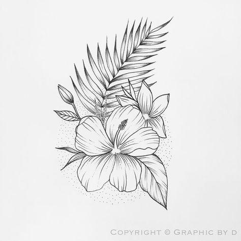 Hawaii Plant Tattoo, Tropical Tattoo Design, Beach Flower Tattoo, Tropical Sleeve Tattoo For Women, Tropical Tattoo Ideas, Small Tropical Tattoo, Tropical Plant Tattoo, Tropical Leaf Tattoo, Tropical Tattoos For Women