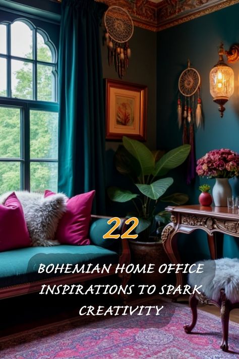 Transform your workspace into a creative haven with these stunning bohemian home office ideas. From vibrant colors to eclectic decor, discover how to infuse your personality into your office while sparking creativity and inspiration. Whimsigoth Home Office, Moody Maximalist Home Office, Bold Home Office Colors, Eclectic Office Design, Maximalist Office Decor, Funky Office Design, Funky Home Office, Eclectic Office Decor, Maximalist Office