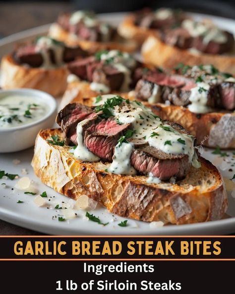 Juicy Garlic Bread Steak Bites – tender steak bites perfectly seasoned and served on crispy garlic bread. A mouthwatering combination of flavors, this easy dish makes a fantastic appetizer or quick dinner option." Steak Party Food, Garlic Bread Steak Bites Appetizer, Baguette Recipe Ideas Dinners, Garlic Bread Steak Bites With Horseradish Cream Tipsy Housewife, Steak On Garlic Bread, Tipsy Housewife Garlic Bread Steak Bites, Garlic Bread Steak Bites With Horseradish Cream, French Garlic Philly Cheese Steak Bread, Garlic Bread Steak Bites