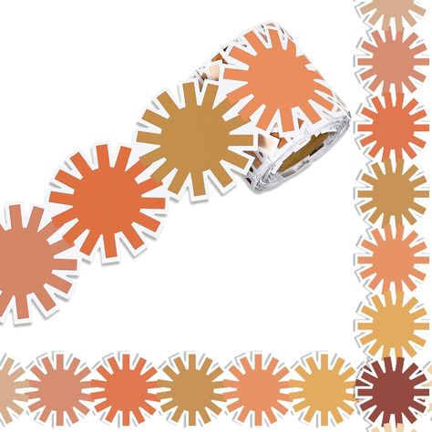 PRICES MAY VARY. Enough Length - The package includes 1 roll of bulletin board border, measures 10m / 32.8ft in length, and 5.7cm / 2.2inch in width, enough for you to use. Boho Sun Shape - This bulletin boards are shaped in boho sun, and have rich colors, delicate design can give you a positive feeling, perfect for bulletin board decoration. Good-Quality Material – Made of good quality paper, durable and safe. Notice: our bulletin border is non-stick, you should stick them with glue or glue poi Sun Classroom Decoration, 3d Sun For Bulletin Board, Here Comes The Sun Bulletin Board, Sun Bulletin Boards, Boho Bulletin Board Border, Rainbow Borders Bulletin Boards, Bulletin Borders, Boho Party Decorations, Chalkboard Decor