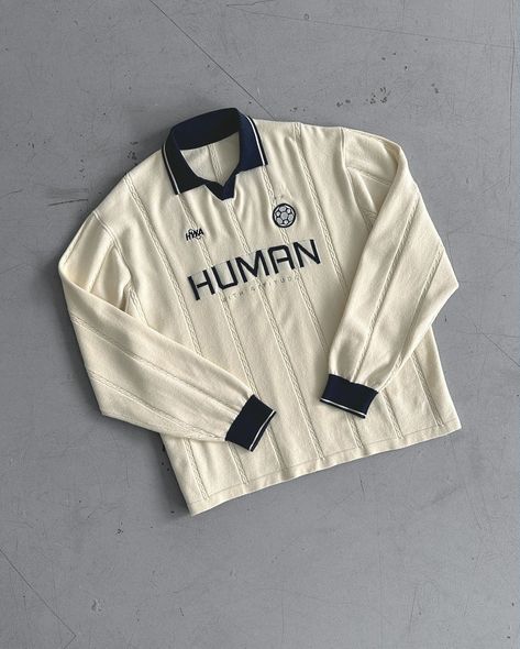 ✦ The Football Knit from Human with Attitude with @humanwithattitude Brand Clothes Design, Jersey Aesthetic Design, Sports Polo Shirts, Retro Pants, Polo Shirt Design, American Men, Mens Fashion Wear, Shoes Outfit Fashion, Street Fashion Men Streetwear